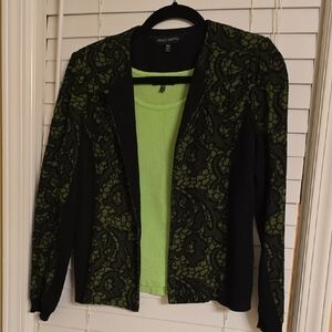 Ming Wang 2 Pieces Black and Green Blazer with Floral Lace And Top